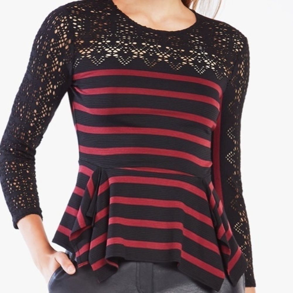 BCBGMaxAzria Rosemary Lace Long Sleeve Peplum Top